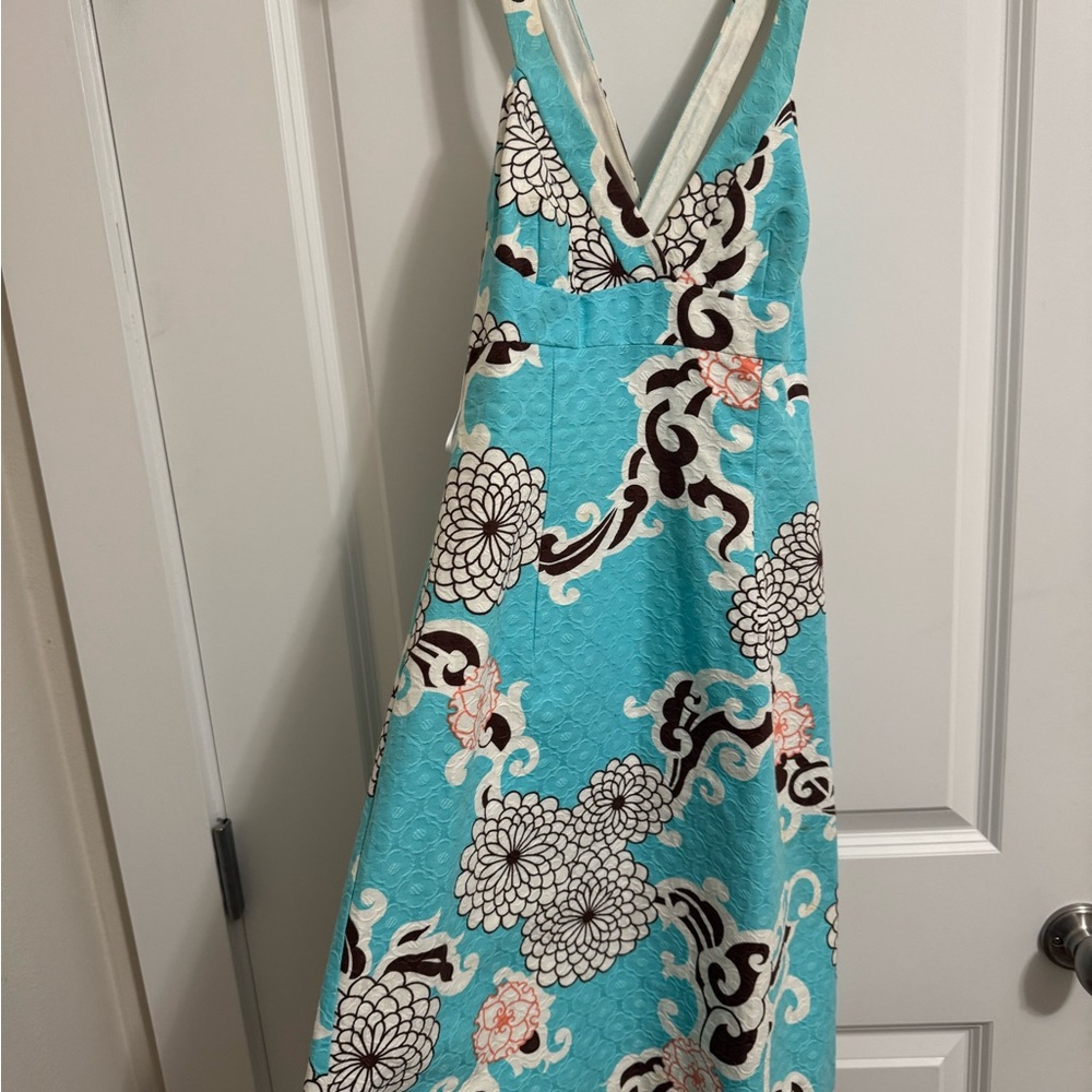 Trina Turk Turquoise and Brown cross back, Floral Dress